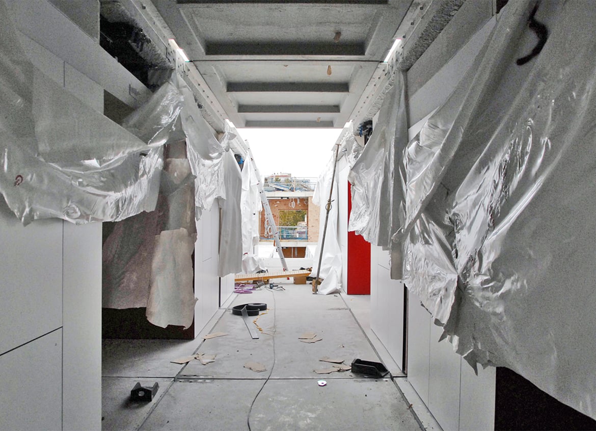 Interior view of the installation of the modular system (bedrooms). Residence for Seniors and Extension of CAP Marià Fortuny (Reus)