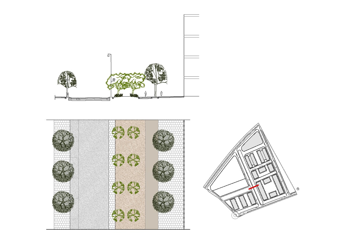 Section of the proposed central promenade. Urban Plan 'Sector 04 - Els Antígons' (Cambrils)